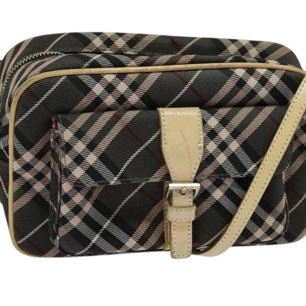 Plaid Crossbody Camera Bag with Beige Trim and Buckle Front